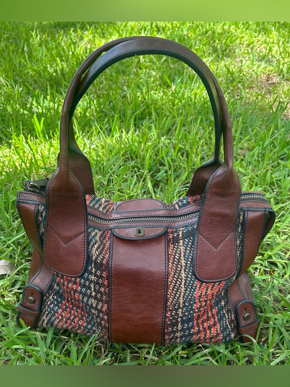 Vintage Fossil Brown Leather-Trim Multicolor Woven Shoulder Bag